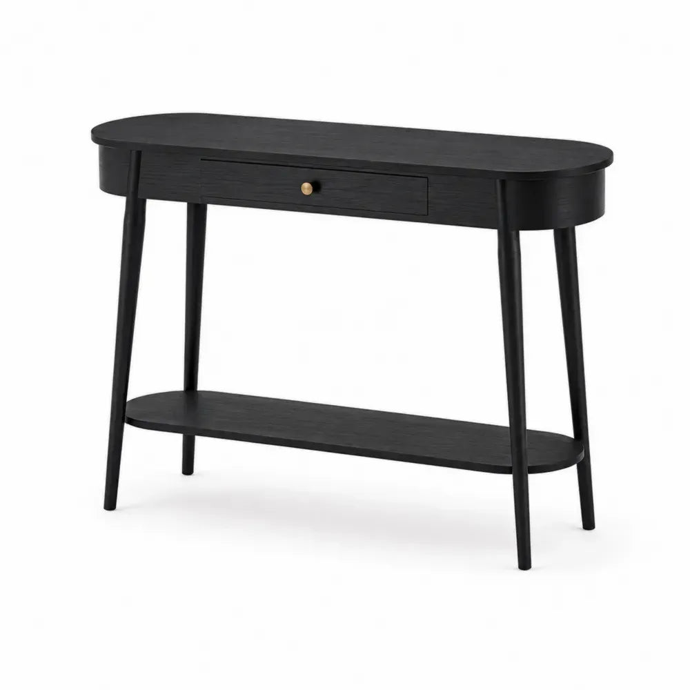 Konsolentisch mit Schublade und Ablage 110 x 35 x 80 cm MDF Gummibaumholz abgerundete Rechteckform Schwarz Goldfarben