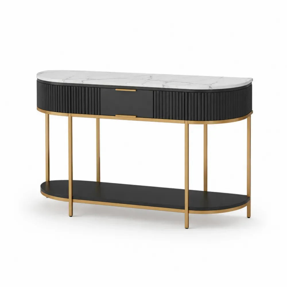 Konsolentisch mit 2 Schubladen und Ablage 120 x 35 x 80 cm MDF Stahl Marmor Dekor abgerundete Rechteckform Schwarz Weiß Grau Goldfarben