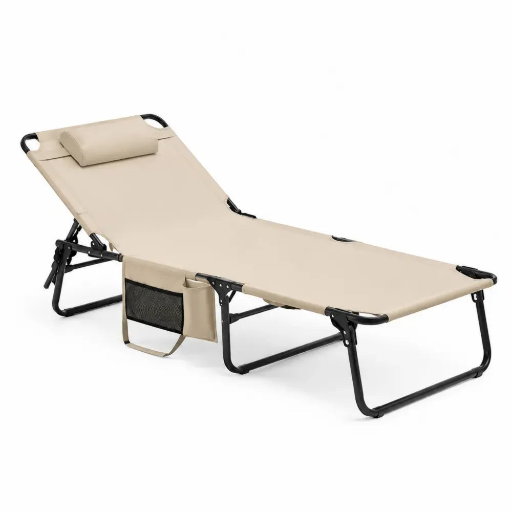 Gartenliege klappbar mit Kopfkissen Seitentasche Stahlrohr PVC beschichtetes Polyestergewebe Beige Schwarz 190 x 60 x 31 cm