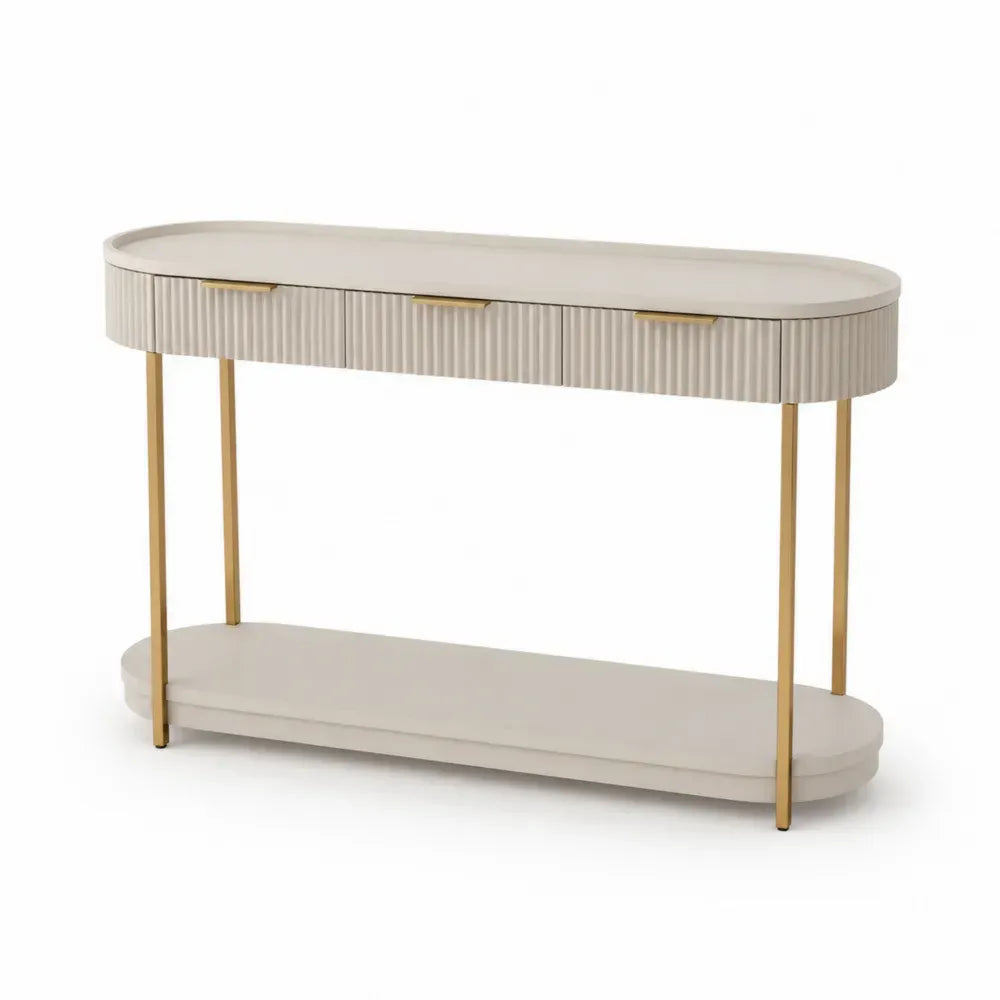 Konsolentisch mit 3 Schubladen und Ablage 120 x 35 x 80 cm MDF Stahlrohr geriffelte Front Cremebeige Goldfarben