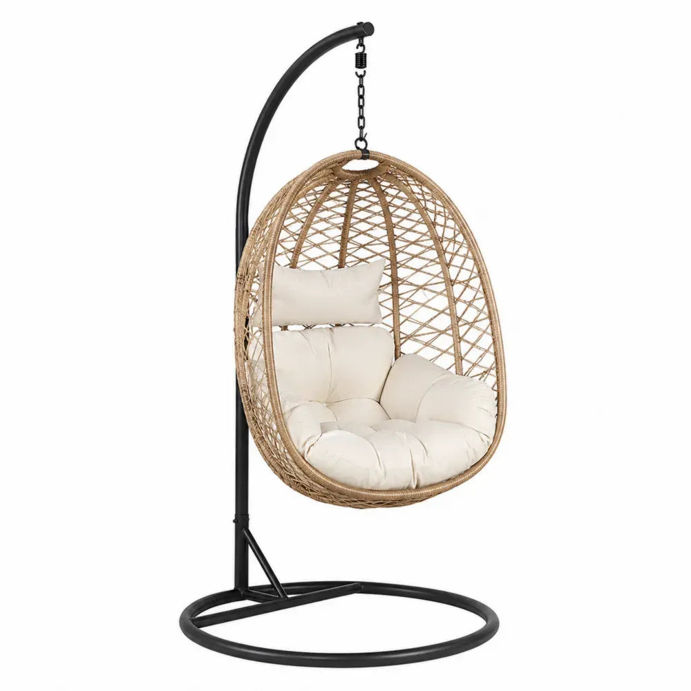 Hängesessel mit Gestell und Kissen PE Rattan Stahl oval Naturbeige Creme Schwarz 105 x 95 x 195 cm