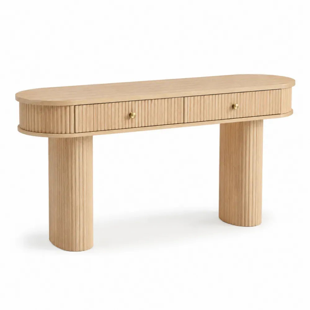 Konsolentisch mit 2 Schubladen 120 x 35 x 80 cm MDF Eichenfurnier geriffelt abgerundete Rechteckform Natur Goldfarben