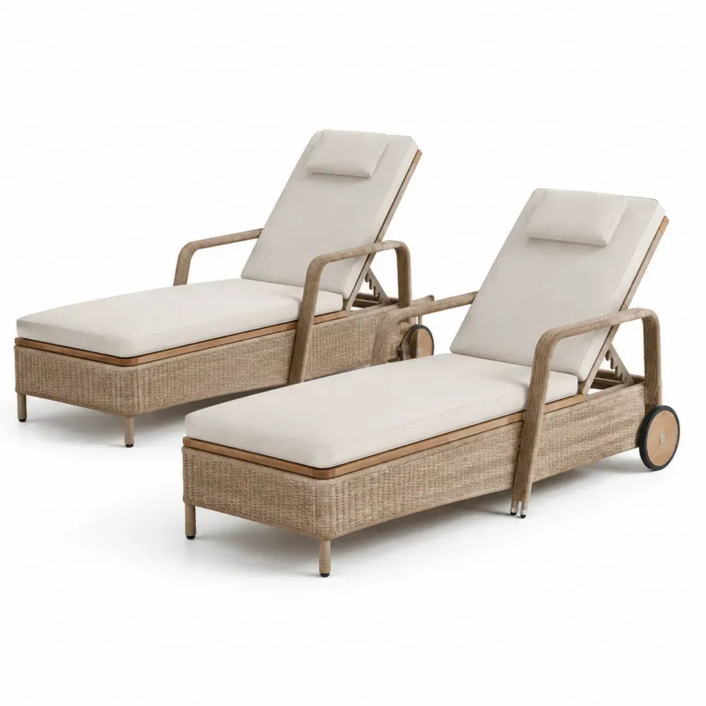2er Set Gartenliegen rechteckig mit Rollen und verstellbarer Rückenlehne 200 x 68 x 95 cm PE-Rattan Stahl Polyester Akazienholz Beige Creme Naturbraun