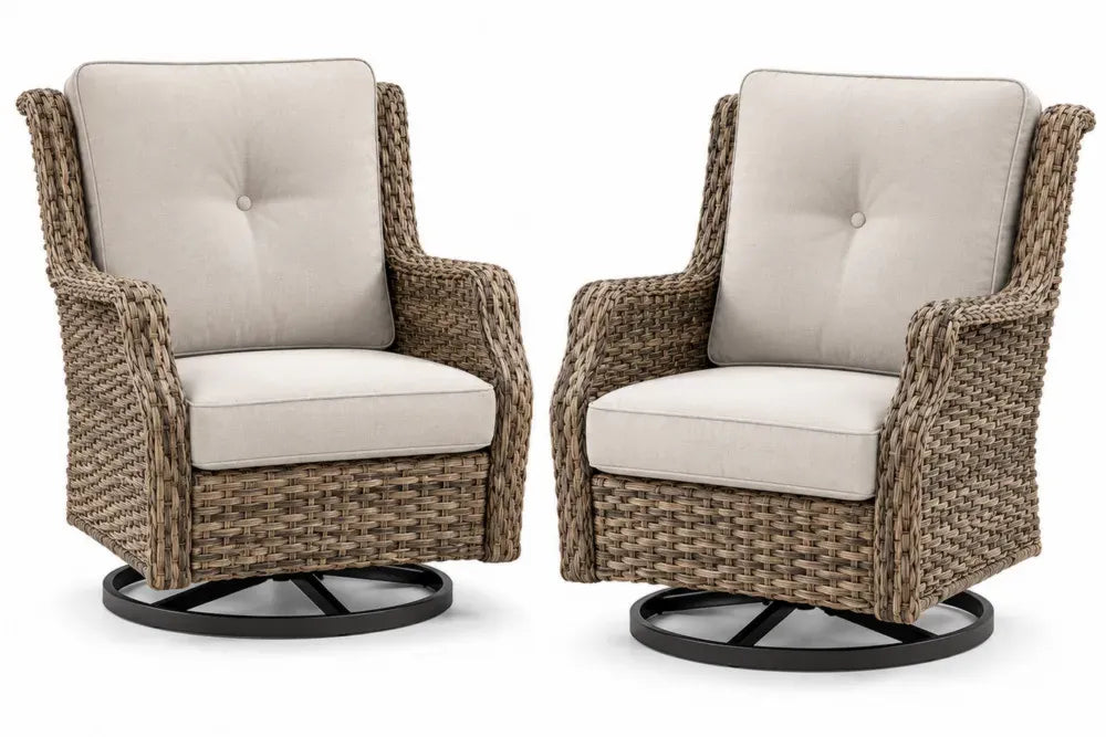 Gartenstühle 2er-Set Drehsessel mit Kissen 76 x 82 x 94 cm PE-Rattan pulverbeschichteter Stahl runder Standfuß Naturbeige Beige Schwarz