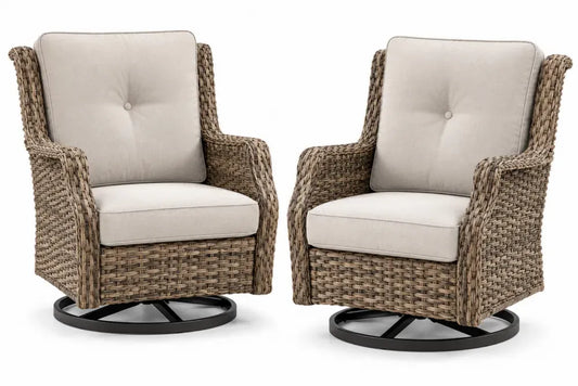 Gartenstühle 2er-Set Drehsessel mit Kissen 76 x 82 x 94 cm PE-Rattan pulverbeschichteter Stahl runder Standfuß Naturbeige Beige Schwarz