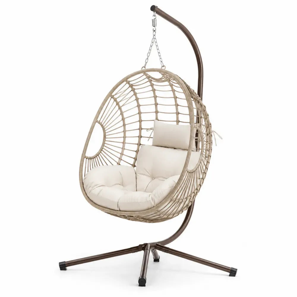 Hängesessel mit Gestell und Kissen pulverbeschichteter Stahl PE Rattan Eiform Beige Dunkelbraun 105 x 105 x 195 cm