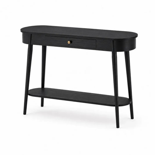 Konsolentisch mit Schublade und Ablage 110 x 35 x 80 cm MDF Gummibaumholz abgerundete Rechteckform Schwarz Goldfarben