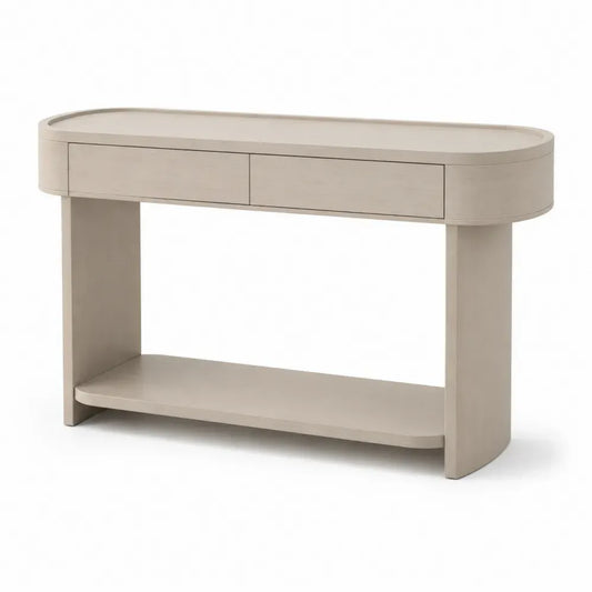 Konsolentisch mit 2 Schubladen und Ablage 120 x 35 x 80 cm MDF Eschenfurnier abgerundete Rechteckform Hellbeige