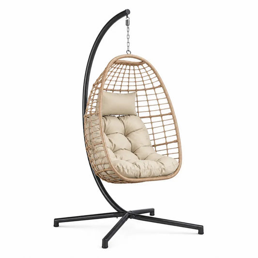 Hängesessel mit Gestell und Kissen PE Rattan Stahl oval Naturbeige Creme Schwarz 105 x 105 x 195 cm