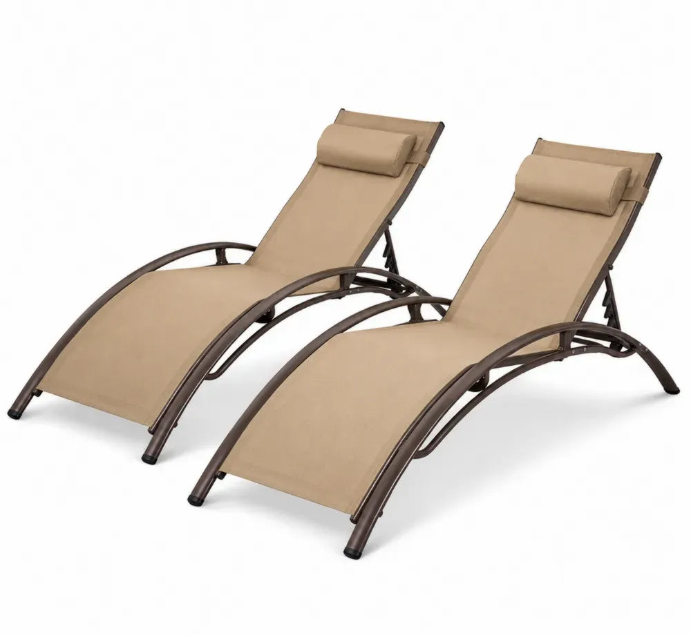 Sonnenliegen Set 2 teilig mit geschwungenen Gartenliegen 168 x 65 x 86 cm Stahlrohr PVC-beschichtetes Polyestergewebe Beige Dunkelbraun