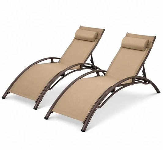 Sonnenliegen Set 2 teilig mit geschwungenen Gartenliegen 168 x 65 x 86 cm Stahlrohr PVC-beschichtetes Polyestergewebe Beige Dunkelbraun