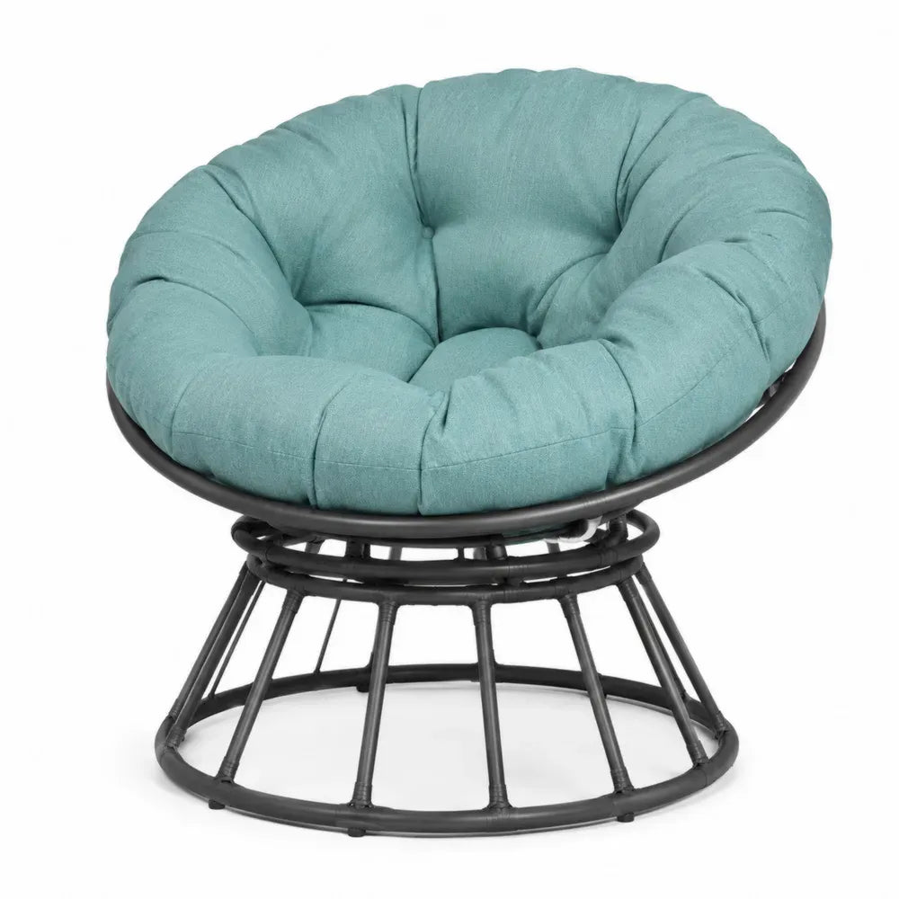 Gartensessel Papasan rund mit Polsterkissen 105 x 95 x 85 cm PE-Rattan pulverbeschichteter Stahl Polyestergewebe Türkis Schwarz