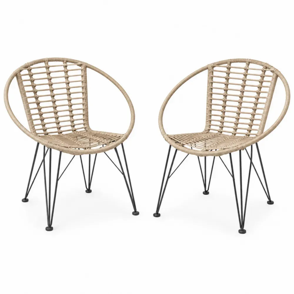 Gartenstühle 2er Set rund mit Armlehnen je 74 x 72 x 82 cm PE-Rattan pulverbeschichteter Stahl Naturbeige Schwarz