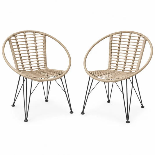 Gartenstühle 2er Set rund mit Armlehnen je 74 x 72 x 82 cm PE-Rattan pulverbeschichteter Stahl Naturbeige Schwarz