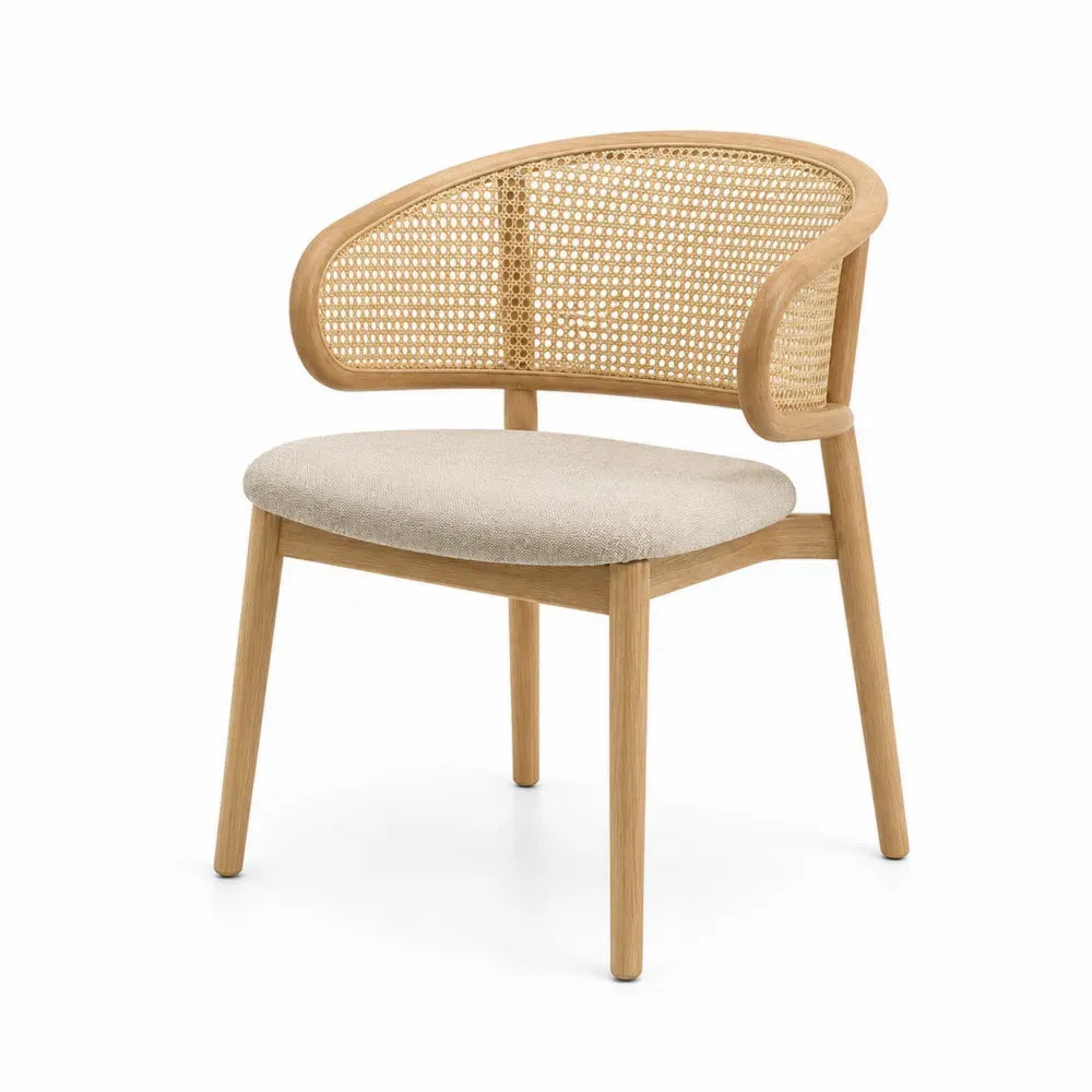 Esszimmerstuhl Polsterstuhl mit Rattanrücken Polyester Leinen Gummibaumholz rund beige naturholz 58 x 56 x 78 cm