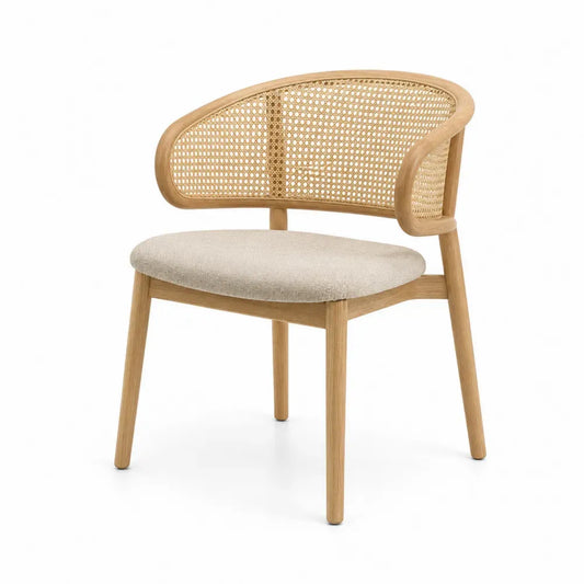 Esszimmerstuhl Polsterstuhl mit Rattanrücken Polyester Leinen Gummibaumholz rund beige naturholz 58 x 56 x 78 cm