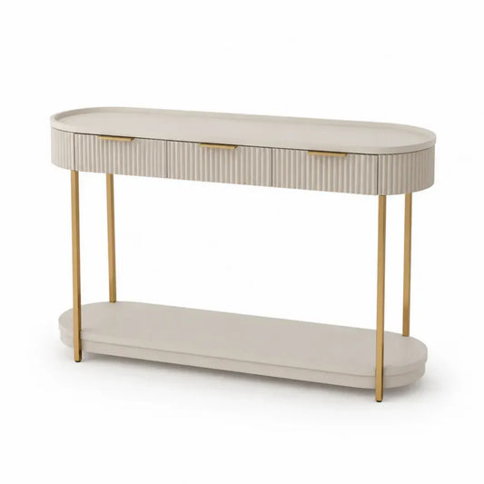 Konsolentisch mit 3 Schubladen und Ablage 120 x 35 x 80 cm MDF Stahlrohr geriffelte Front Cremebeige Goldfarben