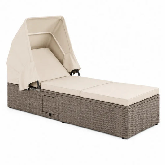 Sonnenliege Gartenliege mit Sonnendach und Auflage PE Rattan Stahlrahmen rechteckig Taupe Beige 200 x 75 x 150 cm