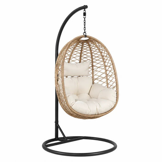 Hängesessel mit Gestell und Kissen PE Rattan Stahl oval Naturbeige Creme Schwarz 105 x 95 x 195 cm