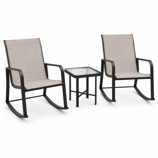 Gartenmöbel Set 3 teilig mit 2 Schaukelstühlen und Beistelltisch Stahl PVC beschichtetes Polyestergewebe Glas Schwarz Beige Transparent Stuhl 62 x 87 x 89 cm Tisch 45 x 45 x 46 cm