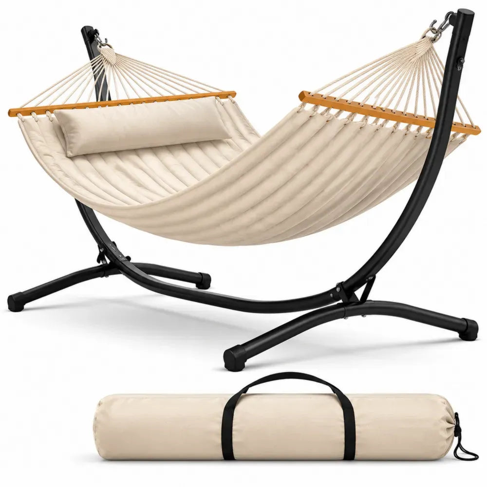Stabhängematte mit Gestell und Kissen 320 x 120 x 110 cm Baumwoll-Polyester Stahl Buchenholz Creme Schwarz Naturbraun