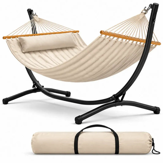 Stabhängematte mit Gestell und Kissen 320 x 120 x 110 cm Baumwoll-Polyester Stahl Buchenholz Creme Schwarz Naturbraun