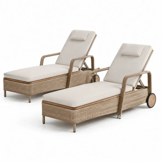 2er Set Gartenliegen rechteckig mit Rollen und verstellbarer Rückenlehne 200 x 68 x 95 cm PE-Rattan Stahl Polyester Akazienholz Beige Creme Naturbraun