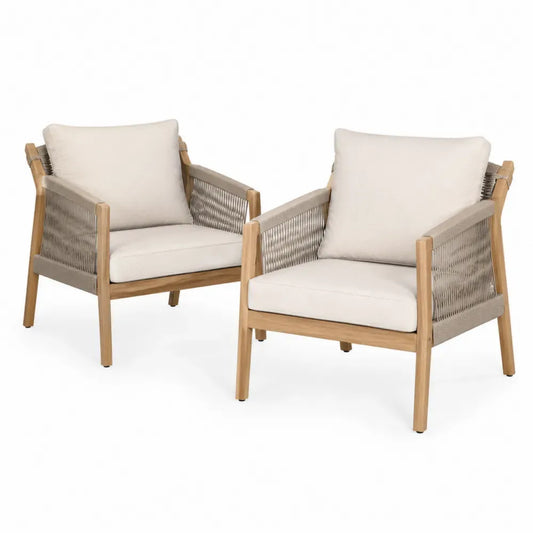 2er Set Gartensessel Loungesessel mit Kissen 73 x 75 x 78 cm Akazienholz Polypropylen-Seil Polyestergewebe Naturbraun Beige Creme