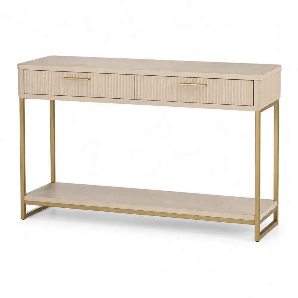 Konsolentisch mit 2 Schubladen und Ablage 120 x 35 x 80 cm MDF Stahl gerillte Front rechteckig Creme Goldfarben