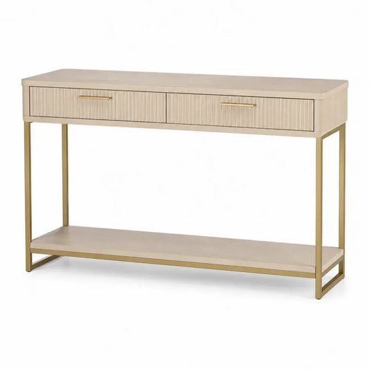 Konsolentisch mit 2 Schubladen und Ablage 120 x 35 x 80 cm MDF Stahl gerillte Front rechteckig Creme Goldfarben