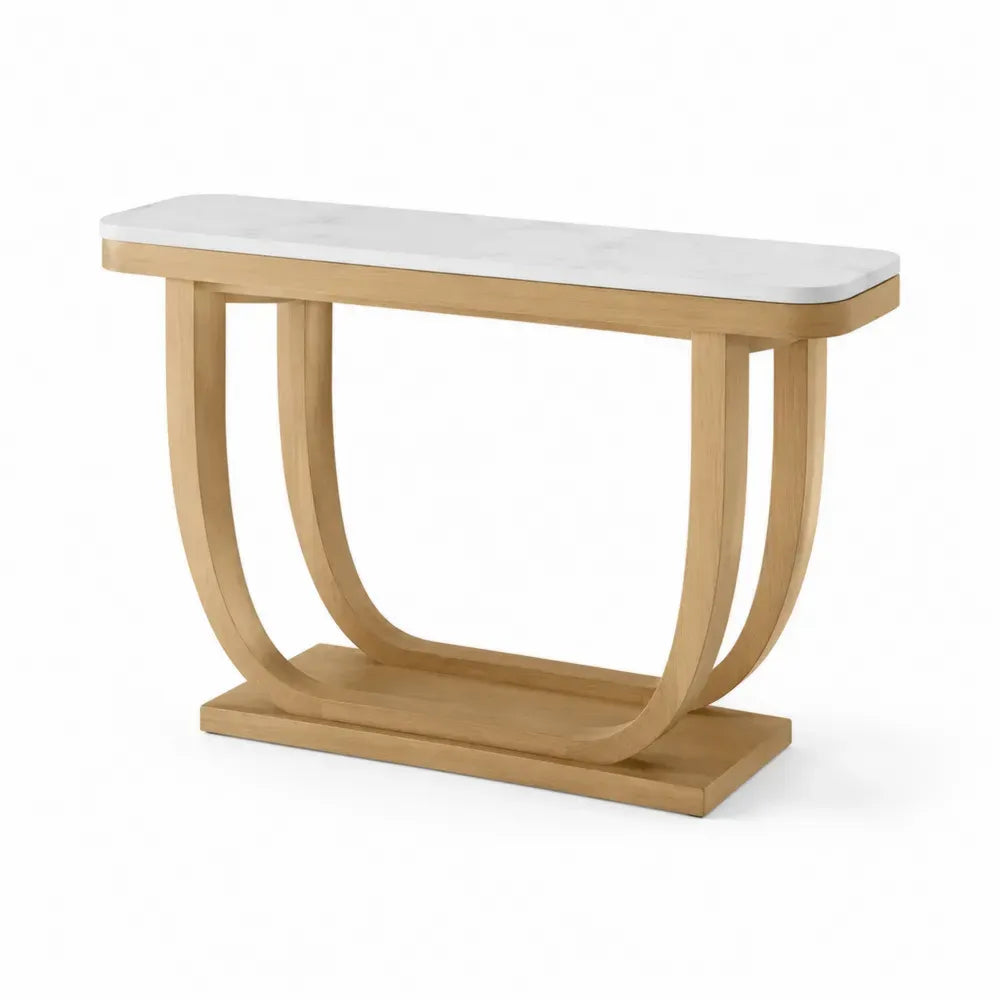 Konsolentisch mit Keramikplatte 120 x 35 x 80 cm Kautschukholz U Form Natur Weiß Grau
