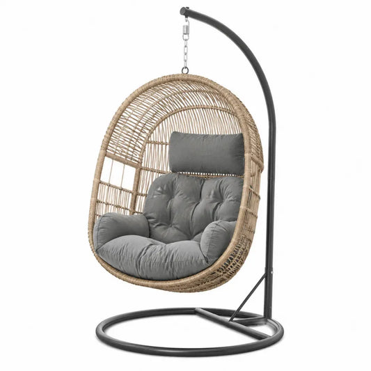 Hängesessel mit Gestell oval 105 x 95 x 195 cm PE-Rattan pulverbeschichteter Stahl Naturbeige Schwarz Grau