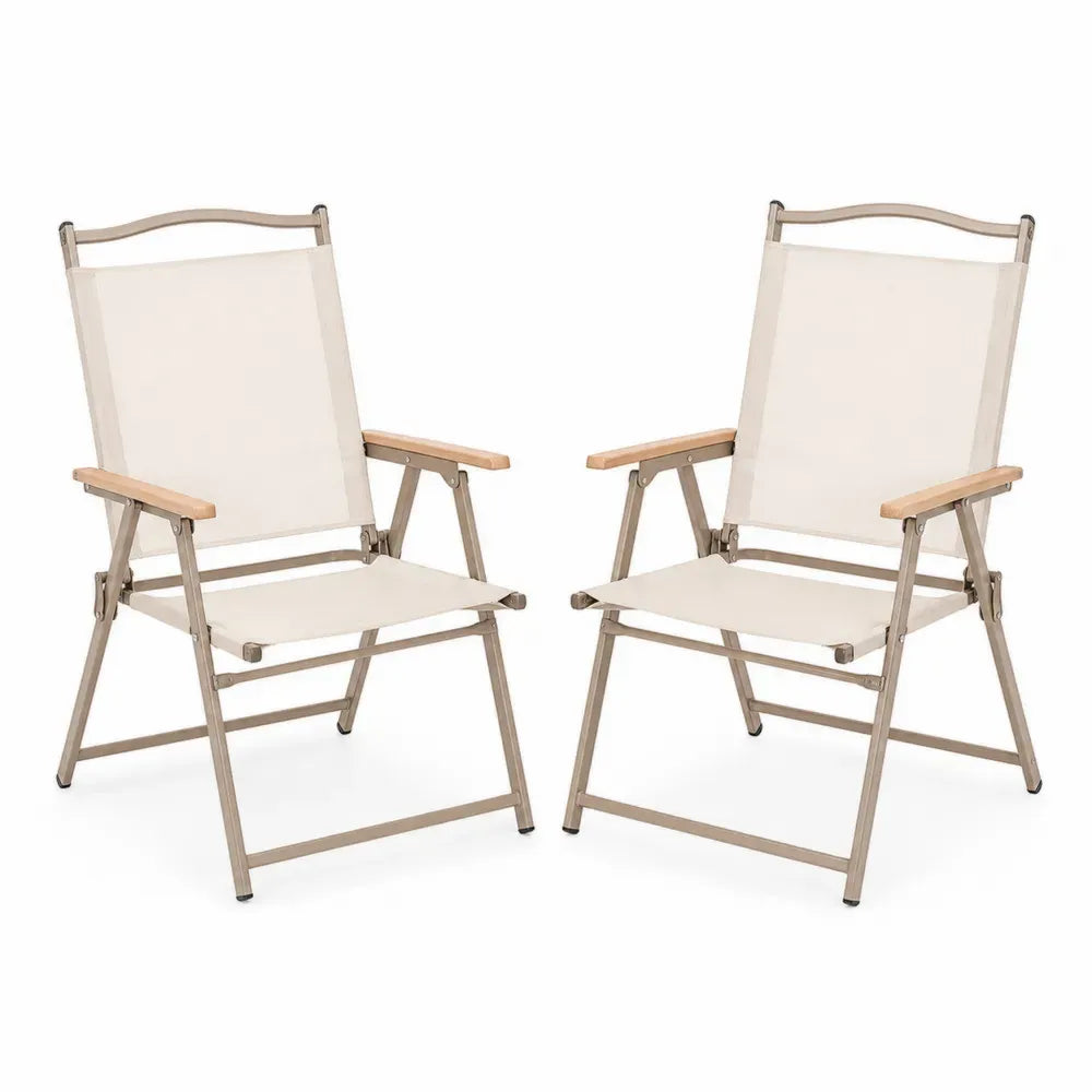 2er Set Gartenstühle klappbar mit Armlehnen je 58 x 68 x 108 cm Stahl PVC-beschichtetes Polyestergewebe Akazienholz Beige Taupe Naturholzton