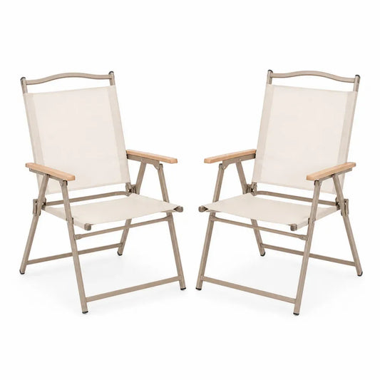 2er Set Gartenstühle klappbar mit Armlehnen je 58 x 68 x 108 cm Stahl PVC-beschichtetes Polyestergewebe Akazienholz Beige Taupe Naturholzton