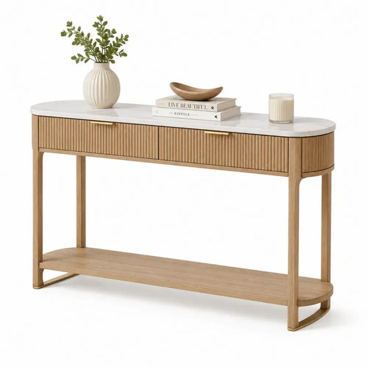Konsolentisch mit 2 Schubladen und Ablage 120 x 35 x 80 cm Keramikplatte MDF Eichenfurnier geriffelte Front Natur Weiß Grau Goldfarben