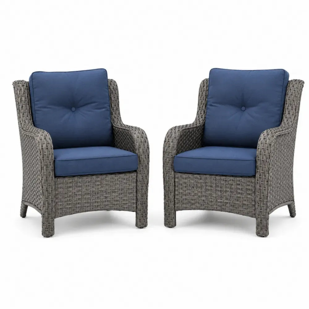 2er Set Gartensessel Loungesessel mit rechteckiger Sitzfläche PE Rattan Stahl Polyester Grau Dunkelblau 74 x 78 x 88 cm