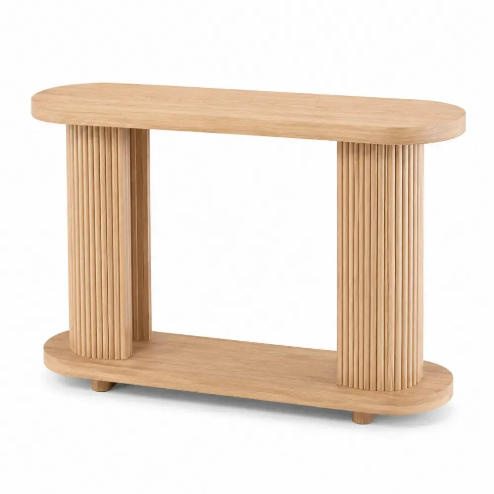 Konsolentisch mit unterer Ablage 120 x 35 x 80 cm MDF Eichenfurnier geriffelte Säulen abgerundete Rechteckform Natur